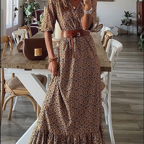 43 Brown Black Pattern Silky Soft Maxi Long Bohemian Boho Dress Short Sleeve - Picture 2 of 6